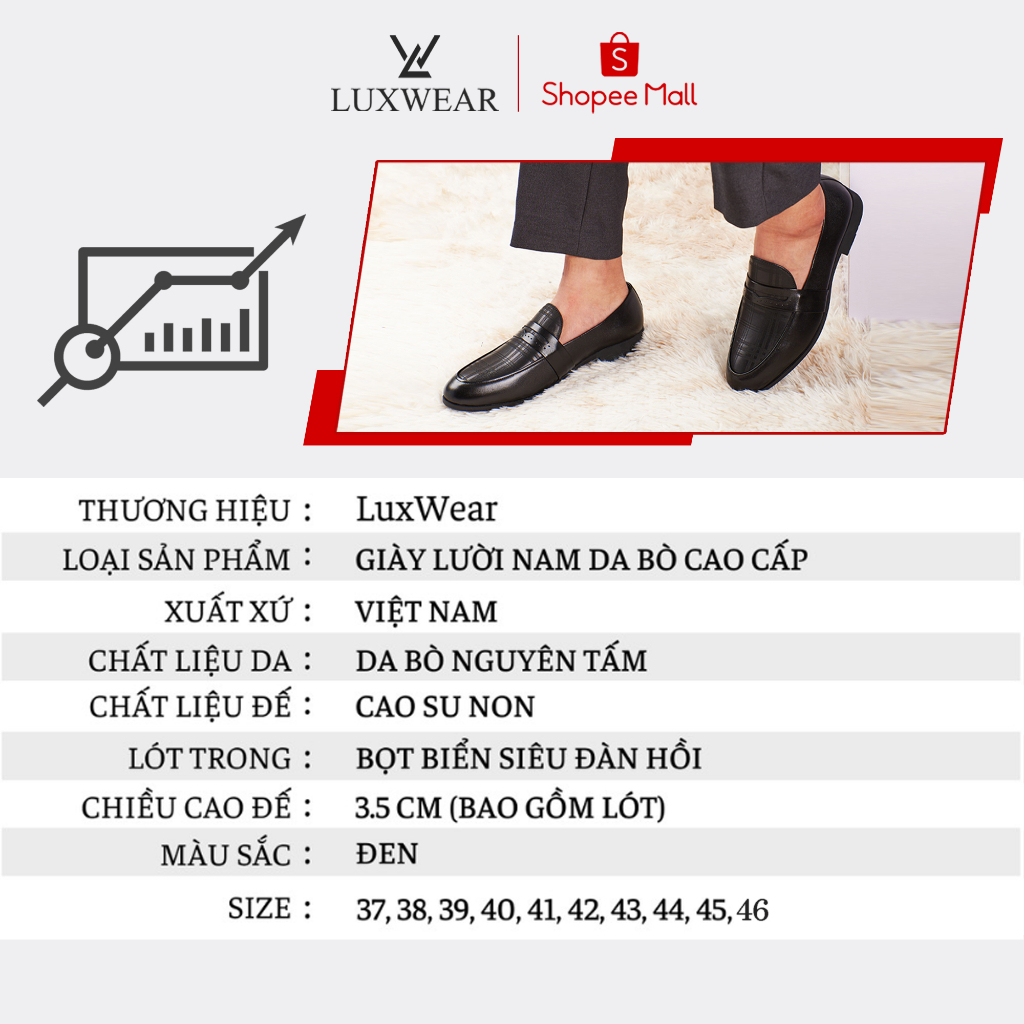 Giày lười nam da bò cao cấp đế khâu LuxWear Penny Loafers màu đen bảo hành 12 tháng GD03