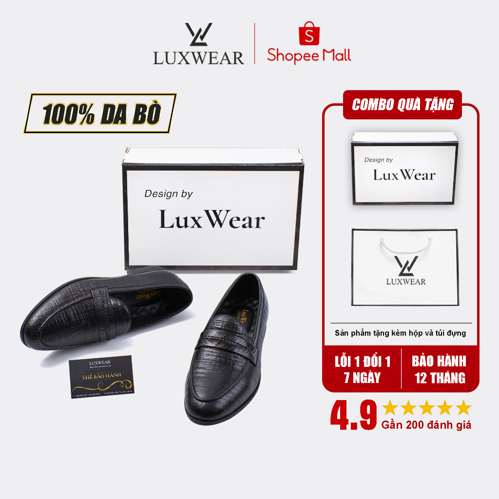 Giày lười nam da bò cao cấp đế khâu LuxWear Penny Loafers màu đen bảo hành 12 tháng GD02