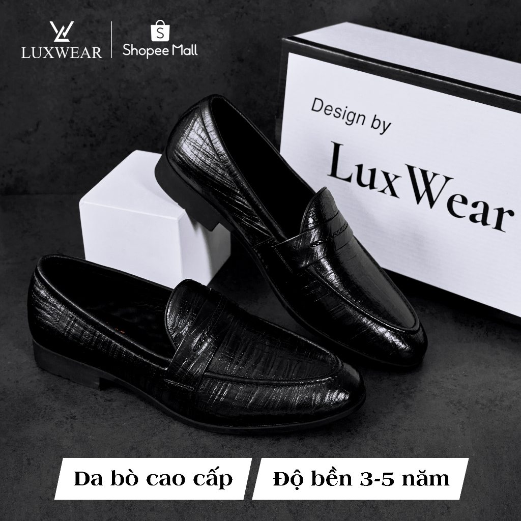 Giày lười nam da bò cao cấp đế khâu LuxWear Penny Loafers màu đen bảo hành 12 tháng GD02