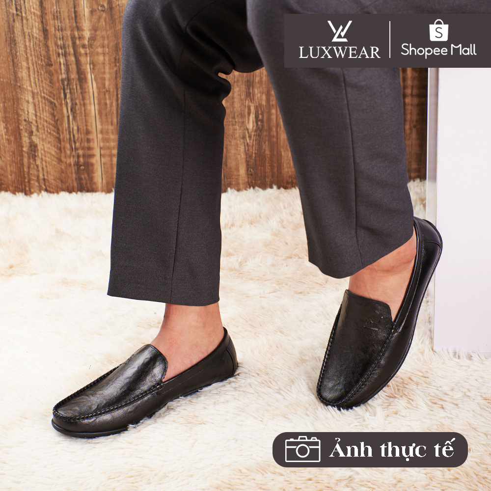 Giày lười nam da bò cao cấp đế khâu LuxWear Moccasins shoes màu đen bảo hành 12 tháng GM01