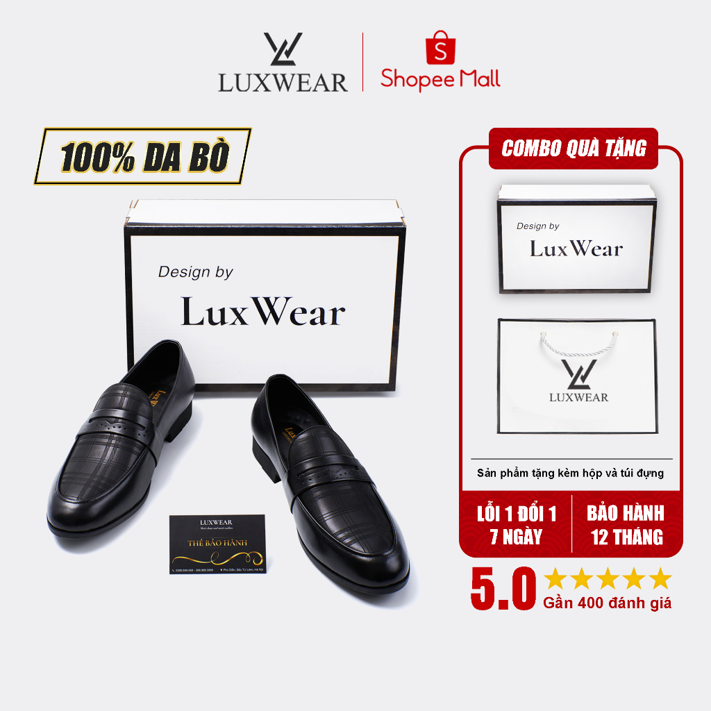 Giày lười nam da bò cao cấp đế khâu LuxWear Penny Loafers màu đen bảo hành 12 tháng GD03