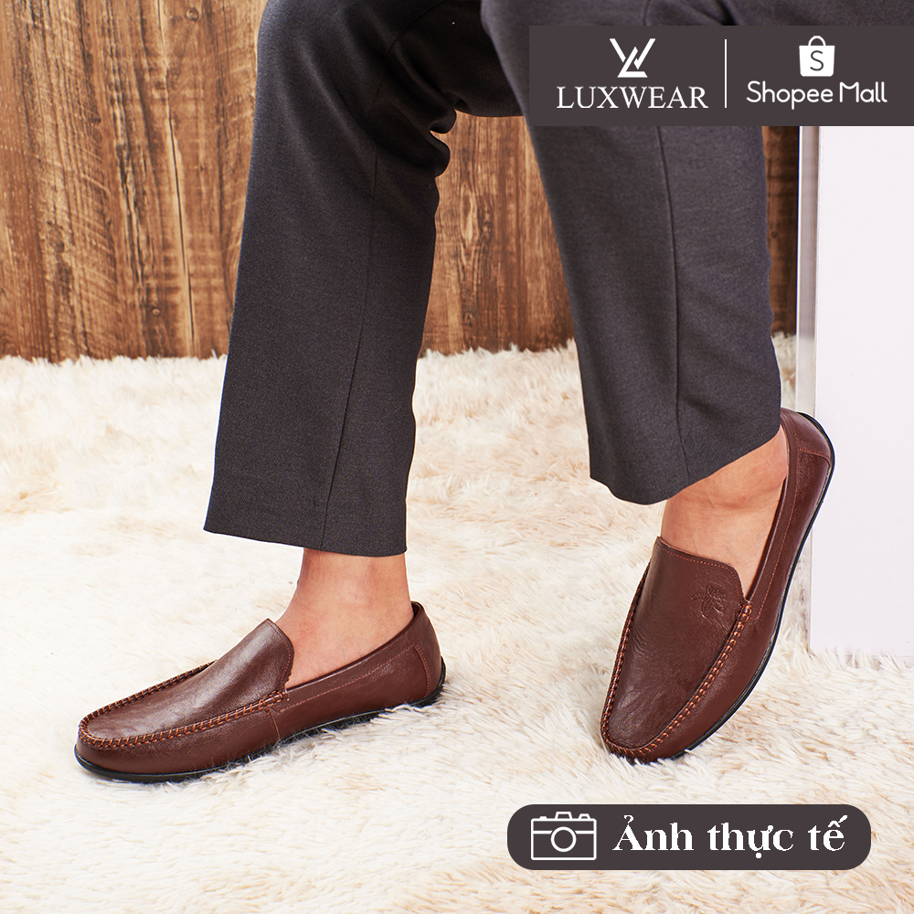 Giày lười nam da bò cao cấp đế khâu LuxWear Moccasins shoes màu nâu bảo hành 12 tháng GM02