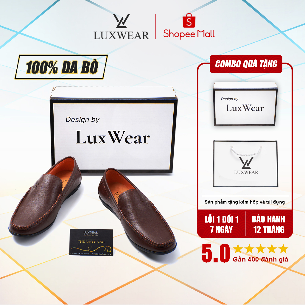 Giày lười nam da bò cao cấp đế khâu LuxWear Moccasins shoes màu nâu bảo hành 12 tháng GM02