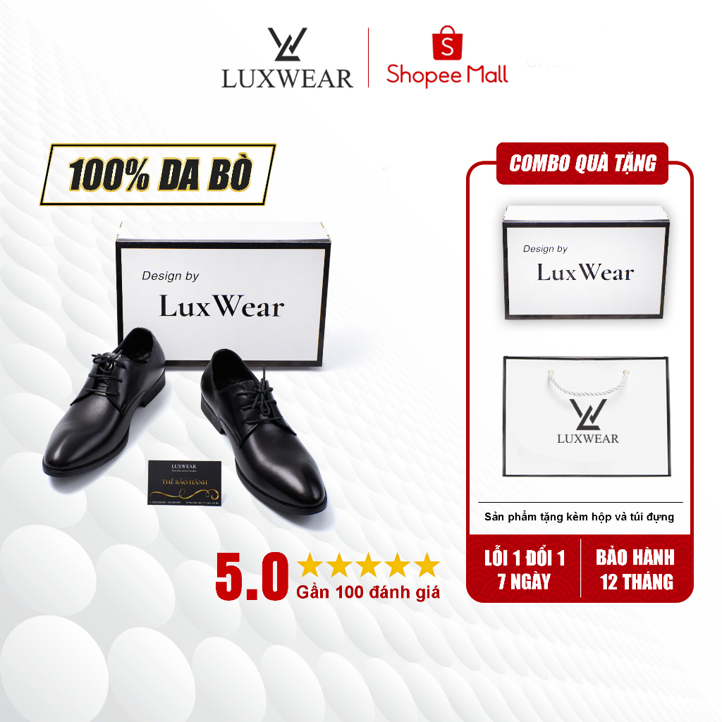 Giày tây nam công sở da bò cao cấp đế khâu LuxWear Oxford màu đen bảo hành 12 tháng GT01