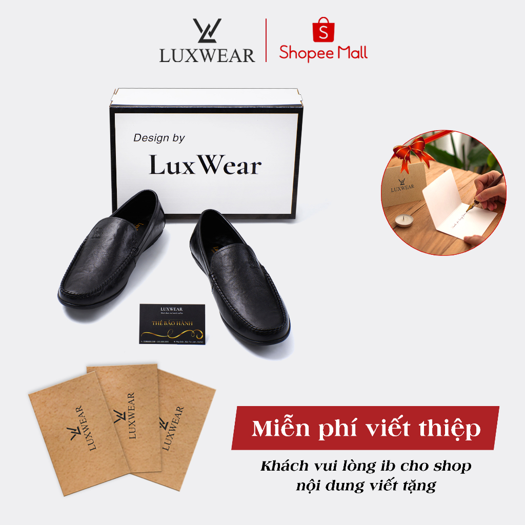 Giày lười nam da bò cao cấp đế khâu LuxWear Moccasins shoes màu đen bảo hành 12 tháng GM01