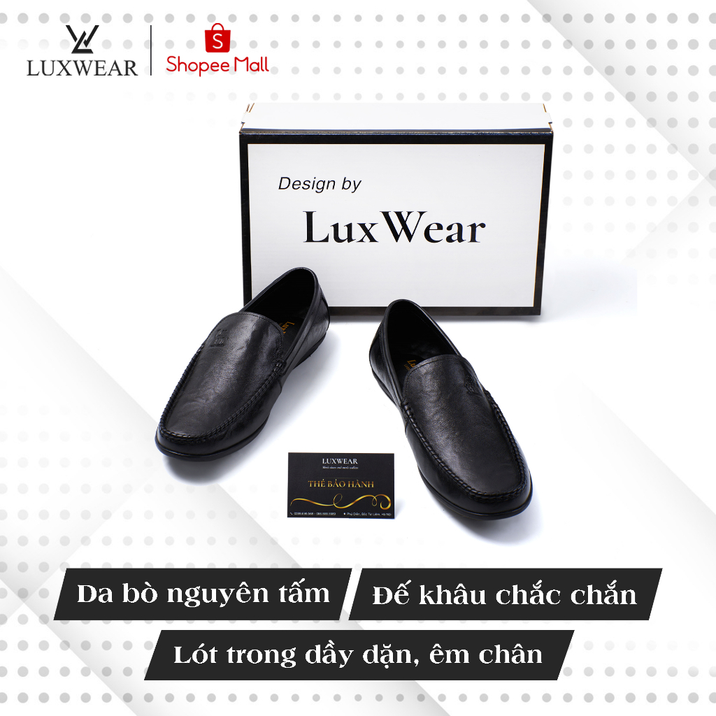 Giày lười nam da bò cao cấp đế khâu LuxWear Moccasins shoes màu đen bảo hành 12 tháng GM01