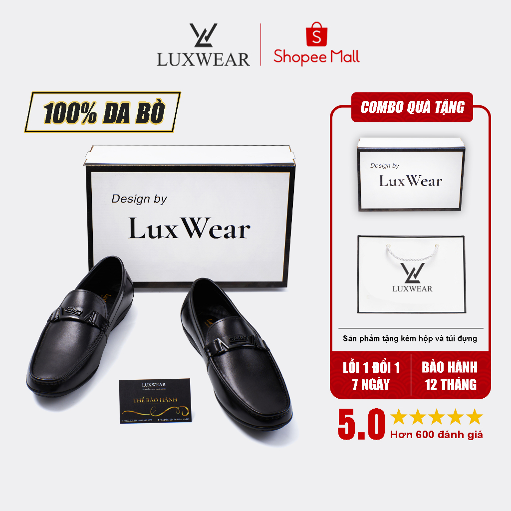 Giày lười nam da bò cao cấp đế khâu LuxWear Moccasins shoes màu đen bảo hành 12 tháng GM03