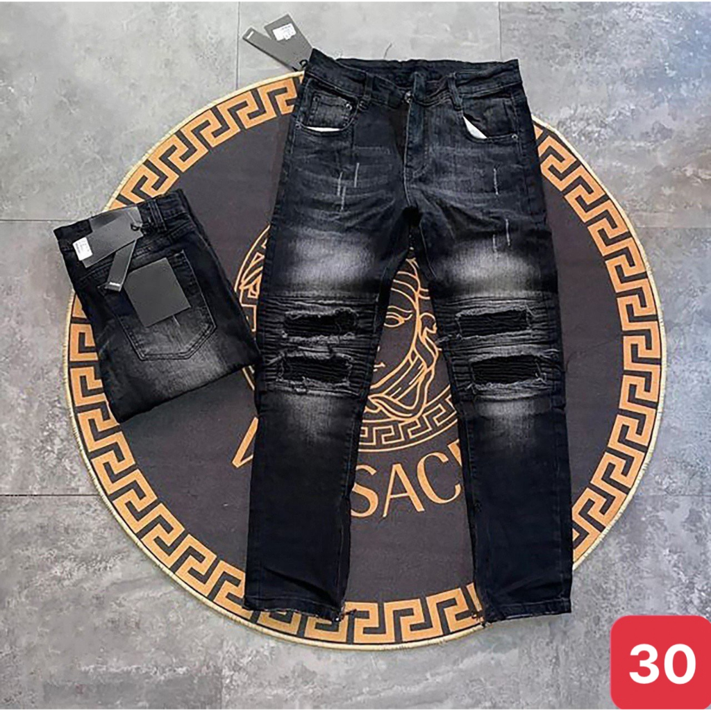 Quần jeans nam màu xám đậm rách vá da gối chất bò cao cấp co dãn 4 chiều cực đẹp rin trơn form dáng skinny ADO 65 mới