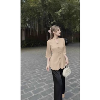 *Sét bà ba thời trang nữ mặc đi lễ chùa chất liệu Tuyết nhung áo cổ tàu tay lỡ nút mây xẻ nách quần dài lai phối