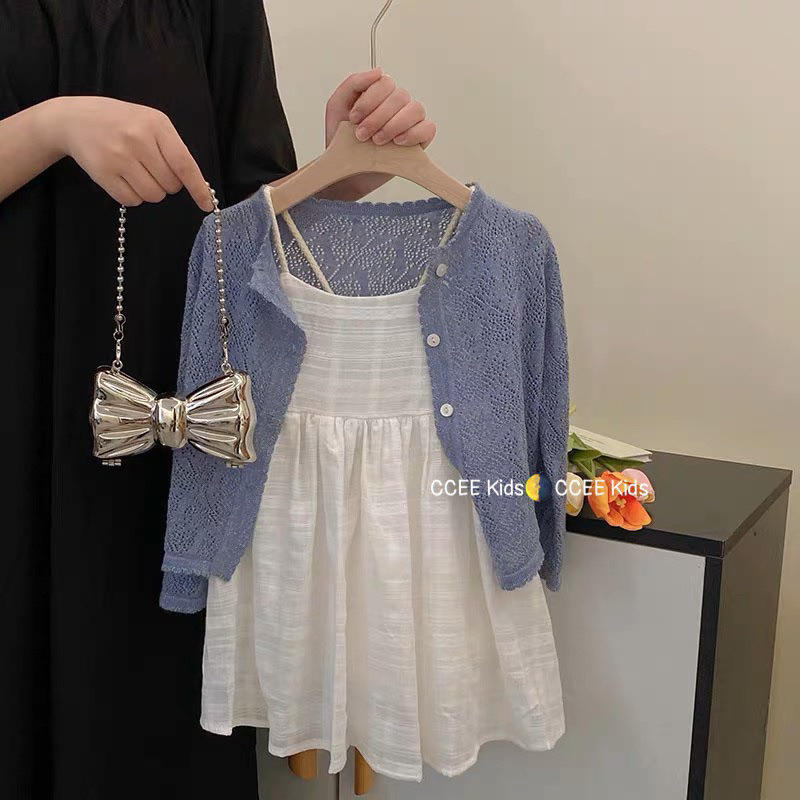 Set váy 2dây phối áo khoác cadigan cho bé gái