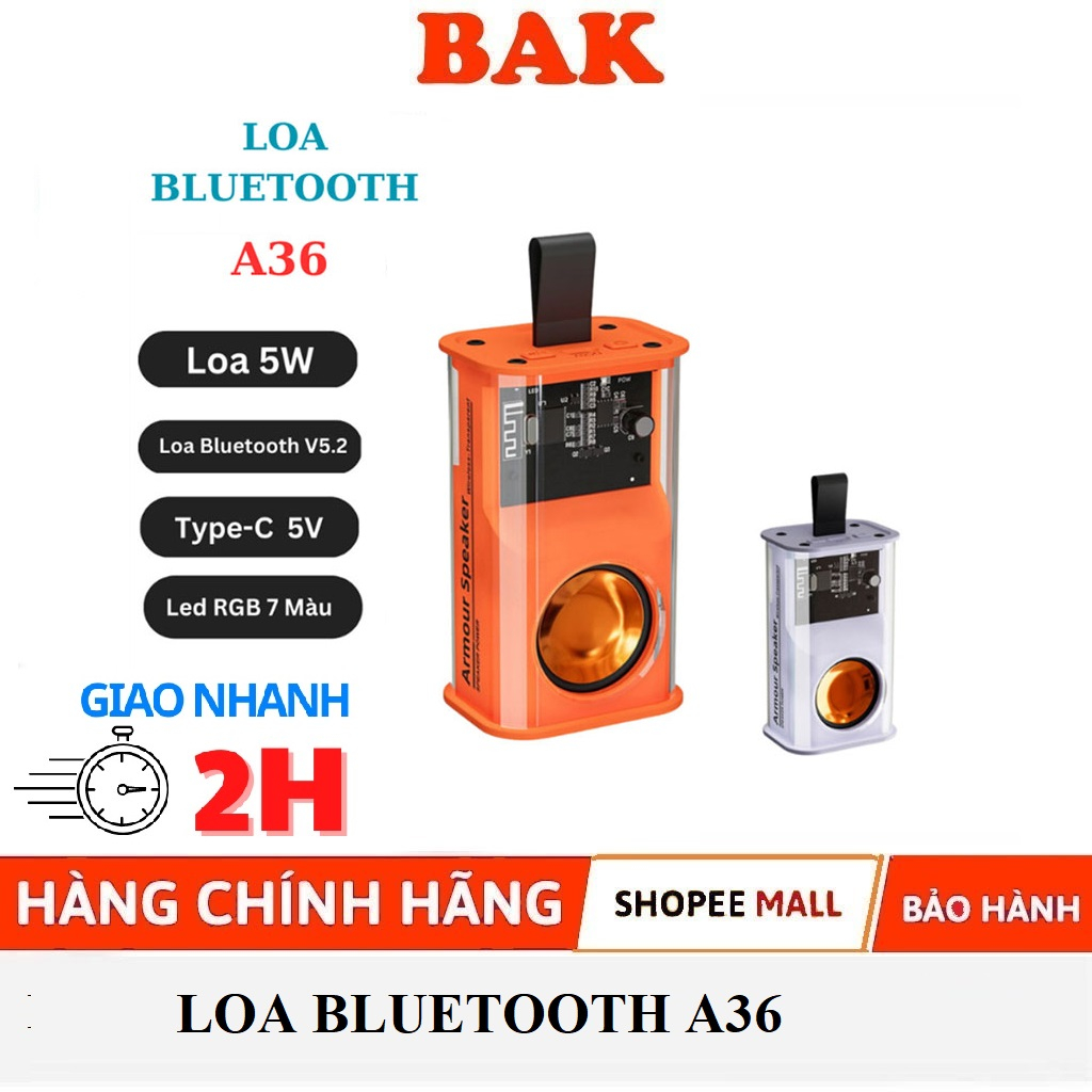 Loa bluetooth trong suốt mini A36 không dây thiết kế có đèn nháy theo nhạc bass rung cực đẹp chính hãng BAK
