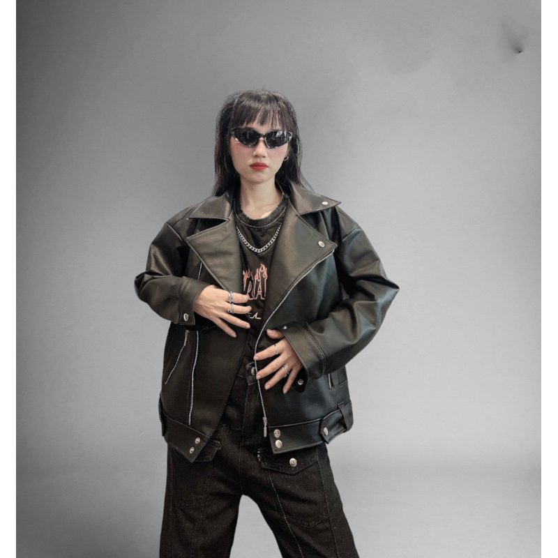 Áo khoác da jacket biker màu đen zip kelshop