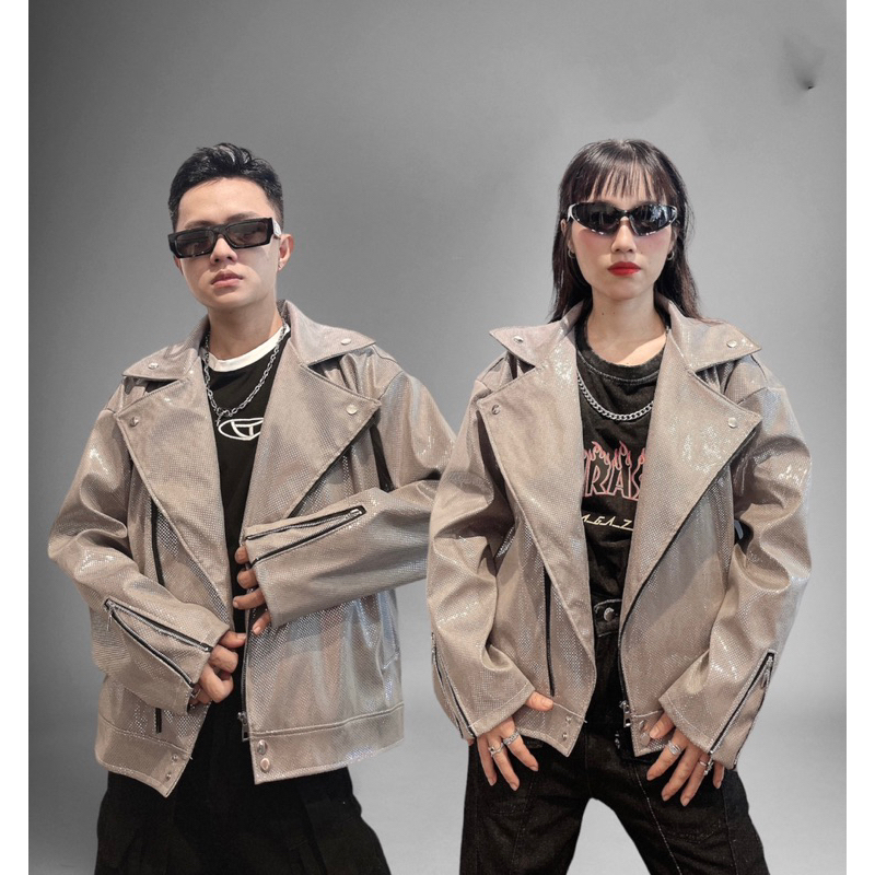 Áo khoác da jacket biker màu bạc kelshop