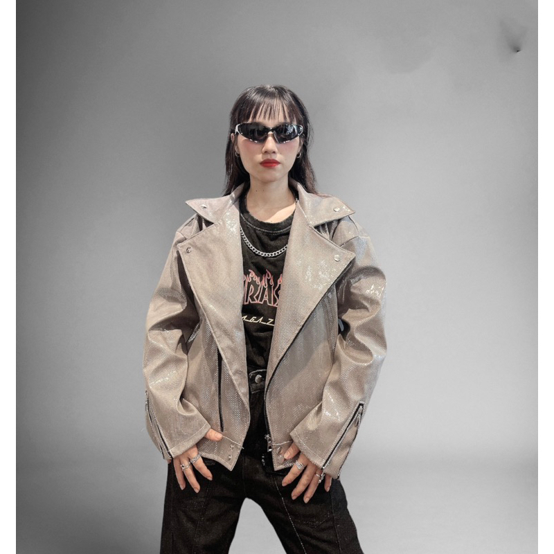 Áo khoác da jacket biker màu bạc kelshop