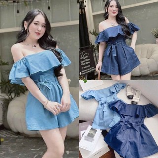 Bộ jump trễ vai phối bèo cột nơ eo freesize