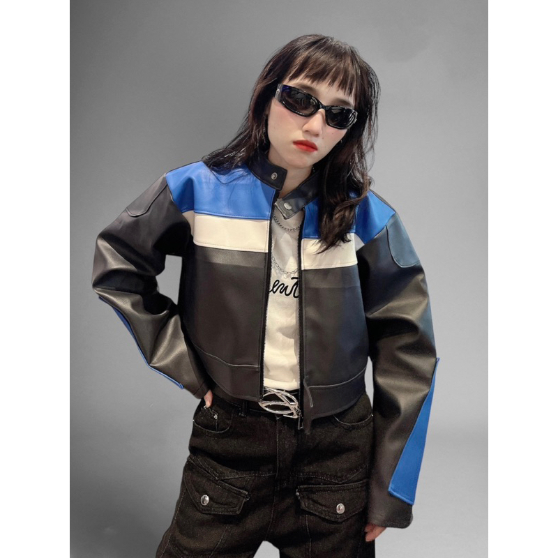 Áo khoác da croptop phối màu Kelshop