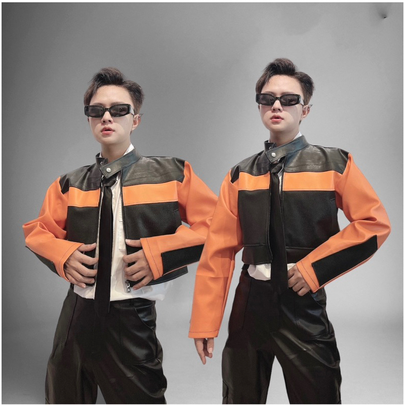 Áo khoác da croptop phối màu Kelshop
