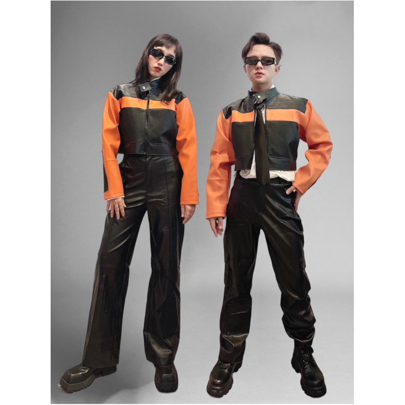 Áo khoác da croptop phối màu Kelshop