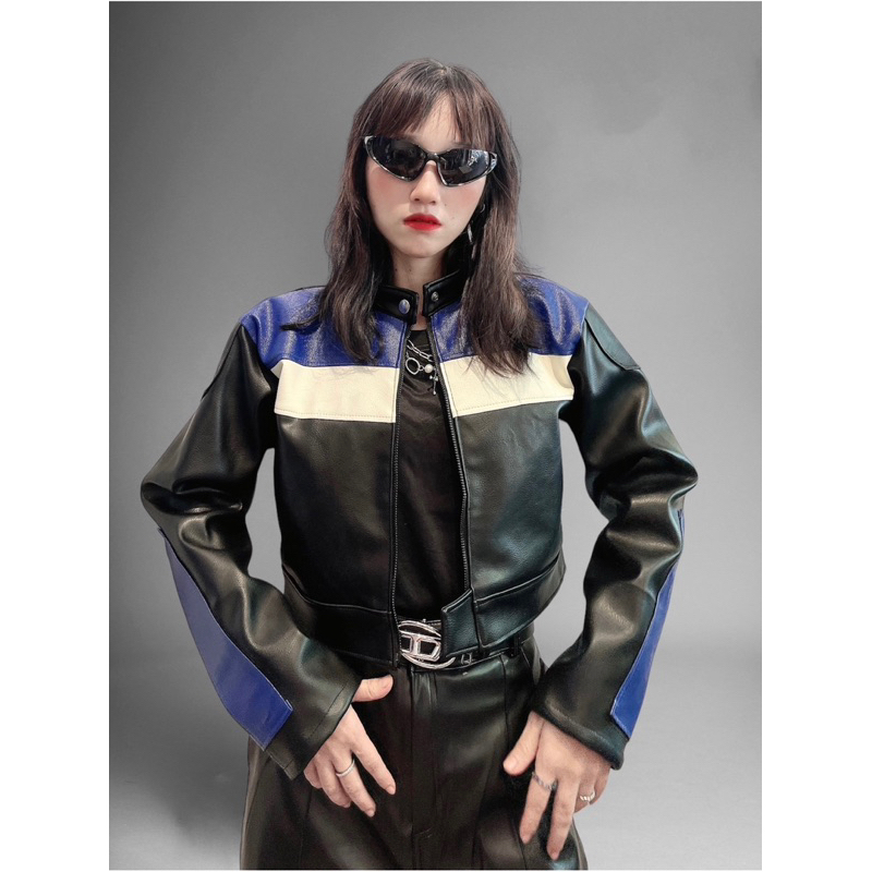 Áo khoác da croptop phối màu Kelshop