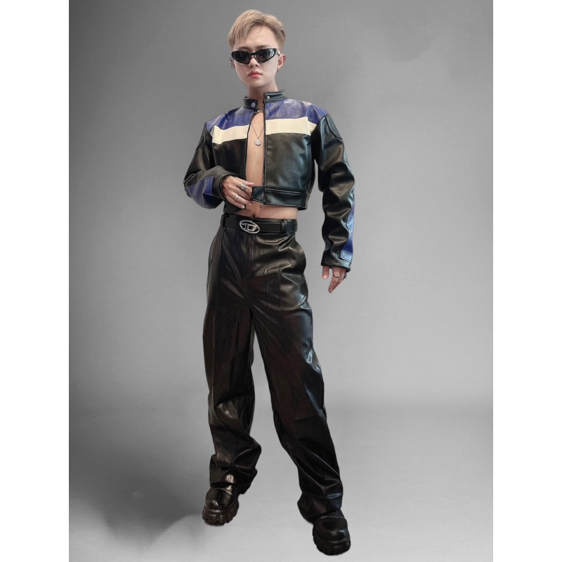 Áo khoác da croptop phối màu Kelshop