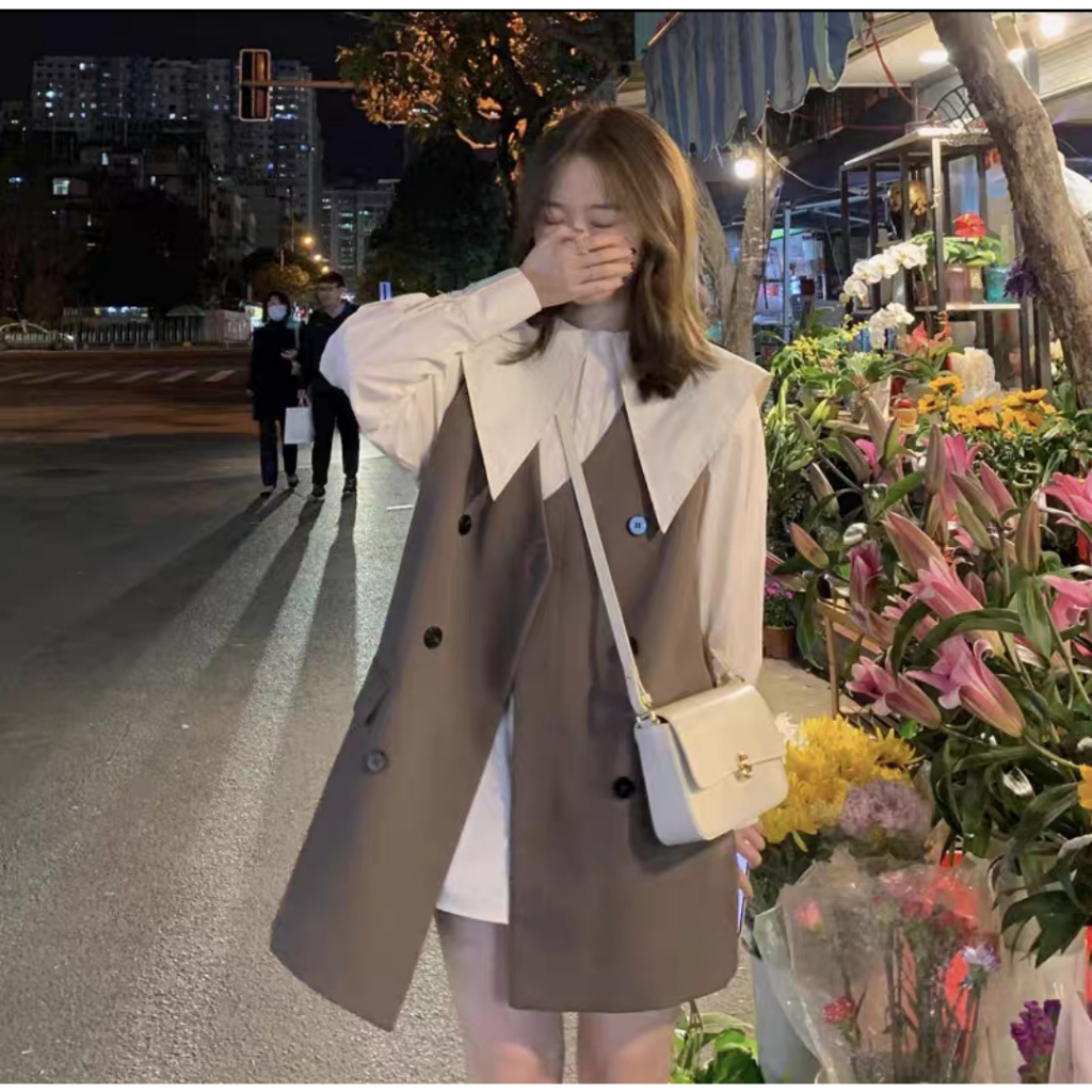 Áo khoác gile ghi lê dáng dài 2 lớp phong cách Hàn Quốc chất liệu chéo Hàn cao cấp