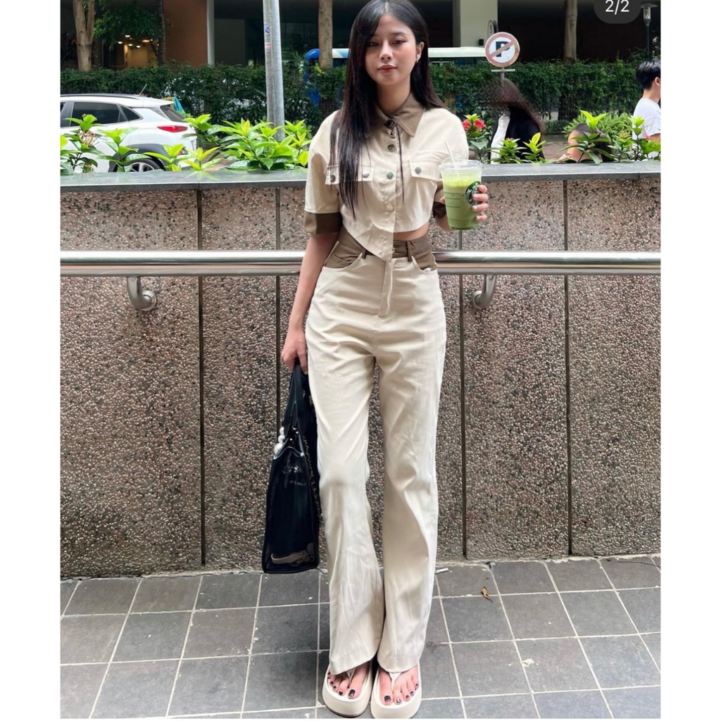 SET ÁO KEM CROPTOP SƠ MI NÂU VIỀN + QUẦN SUÔNG KEM TÚI VIỀN NÂU