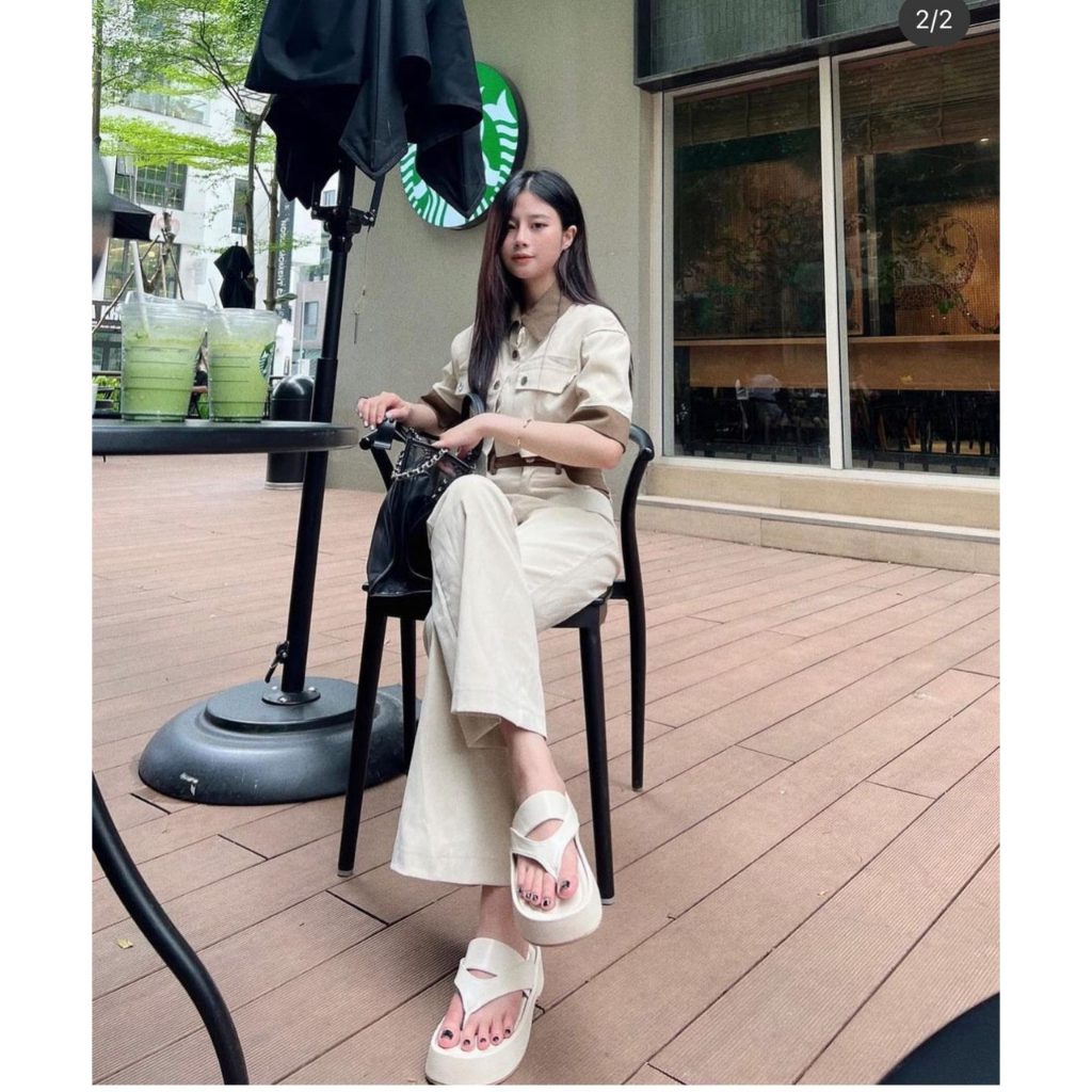 SET ÁO KEM CROPTOP SƠ MI NÂU VIỀN + QUẦN SUÔNG KEM TÚI VIỀN NÂU