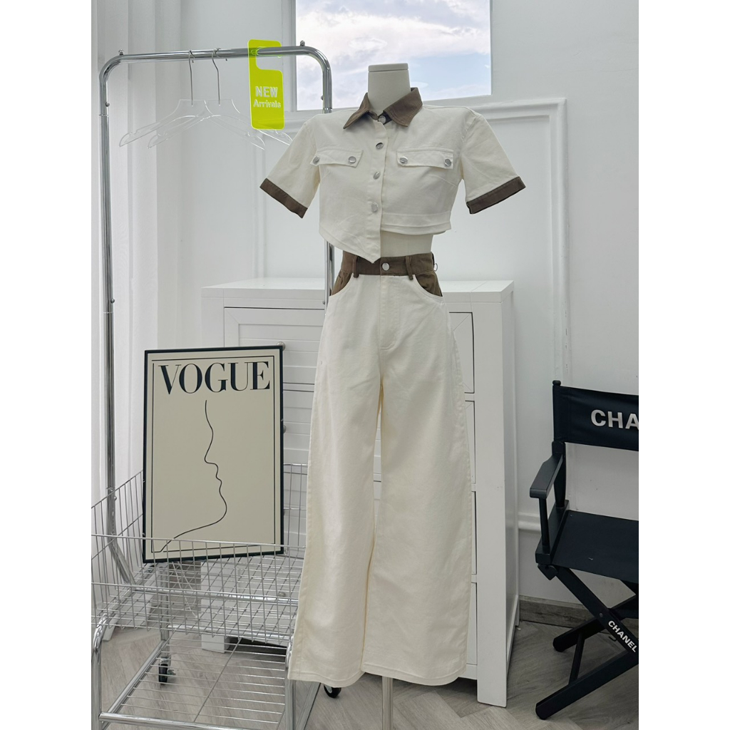 SET ÁO KEM CROPTOP SƠ MI NÂU VIỀN + QUẦN SUÔNG KEM TÚI VIỀN NÂU