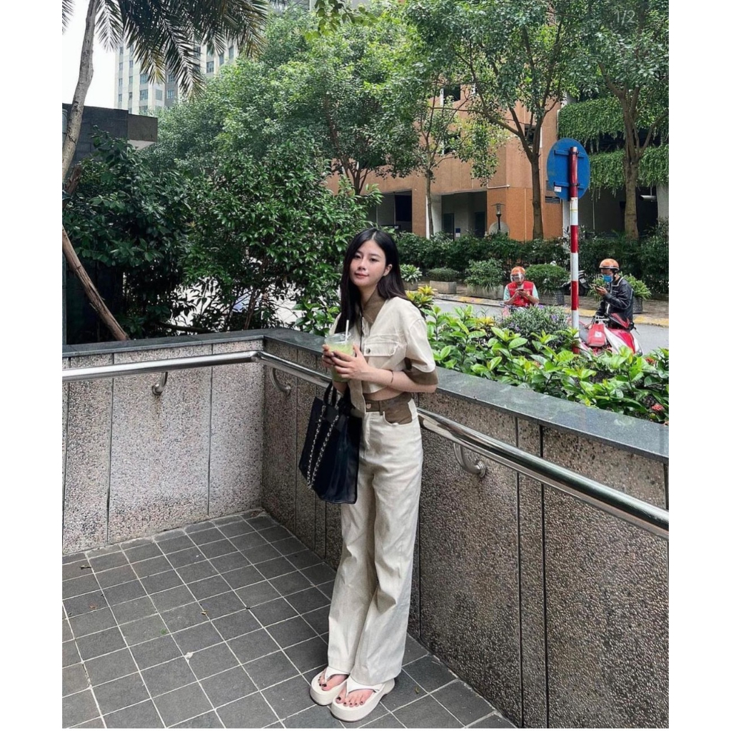 SET ÁO KEM CROPTOP SƠ MI NÂU VIỀN + QUẦN SUÔNG KEM TÚI VIỀN NÂU