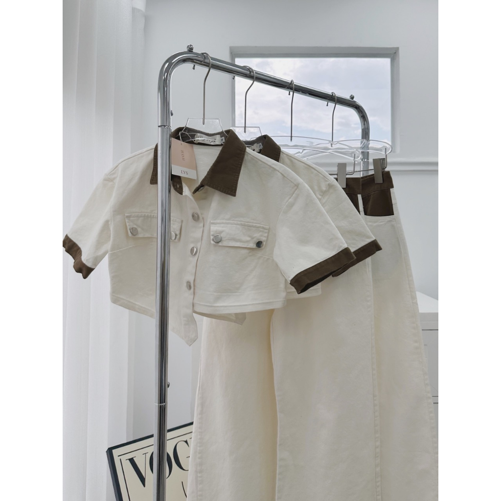 SET ÁO KEM CROPTOP SƠ MI NÂU VIỀN + QUẦN SUÔNG KEM TÚI VIỀN NÂU