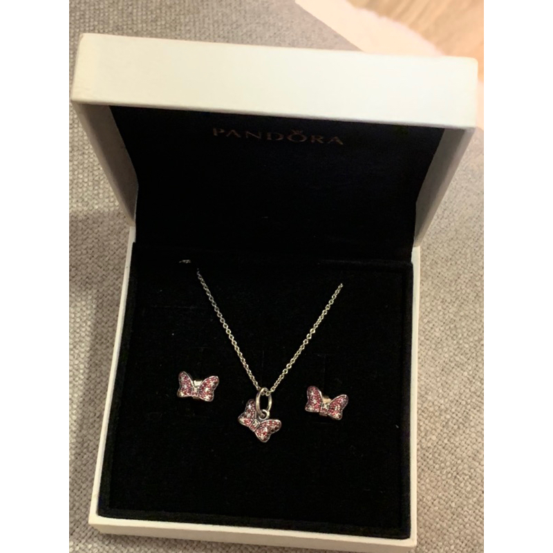 Set dây chuyền và hoa tai minnie đá hồng Pandora auth có tách lẻ