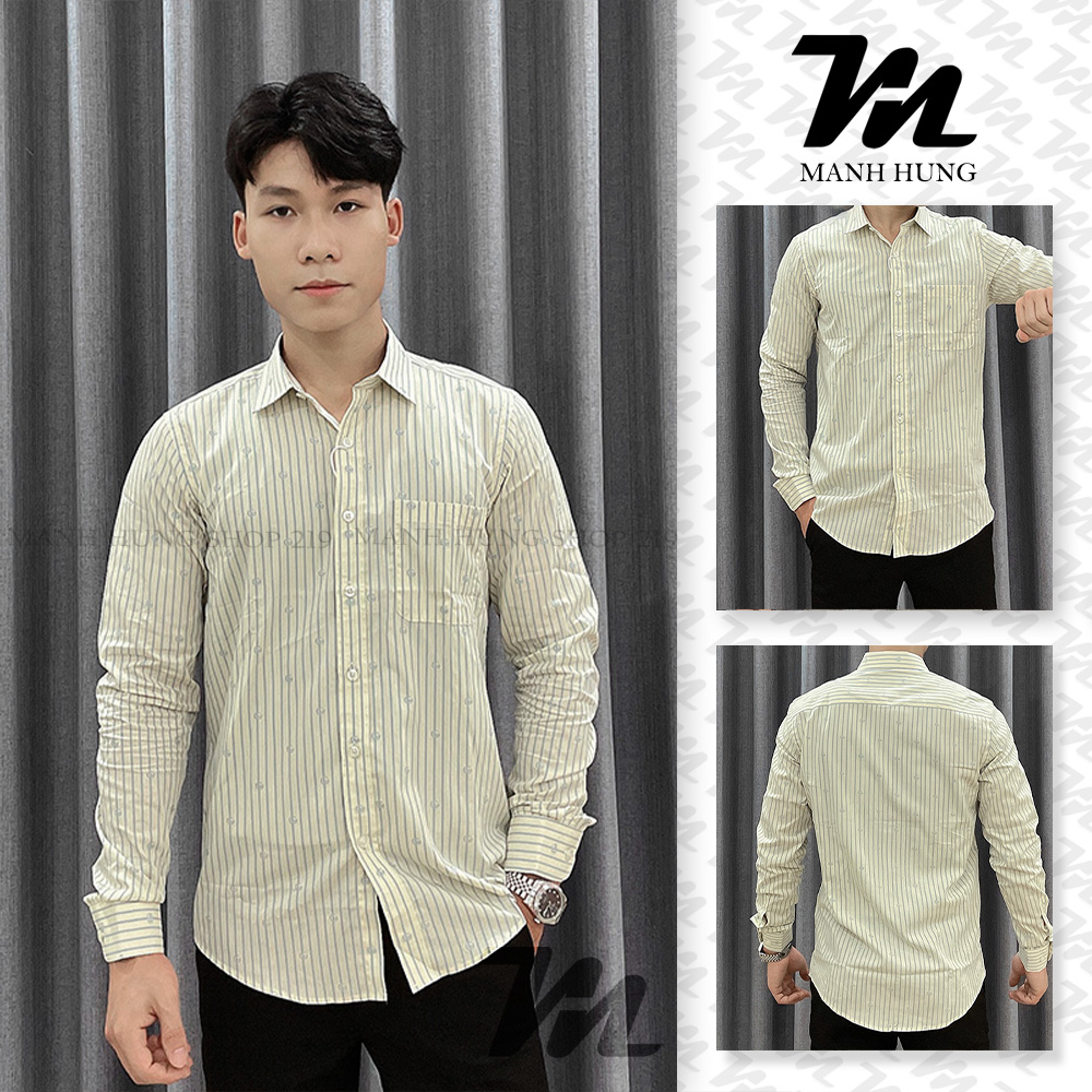 Hàng Có Sẵn!! Neww Sơ Mi Dài Tay Gucci Chữ GC Thiết Kế Kẻ Sọc Xanh Thanh Lịch - Màu Be Sang Trọng