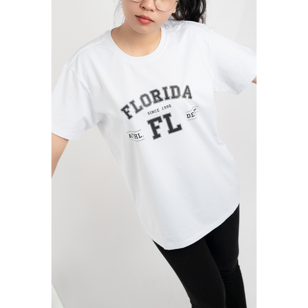Áo thun nữ cổ tròn, in chữ FLORIDA vải cotton USA cao cấp, phong cách trẻ trung