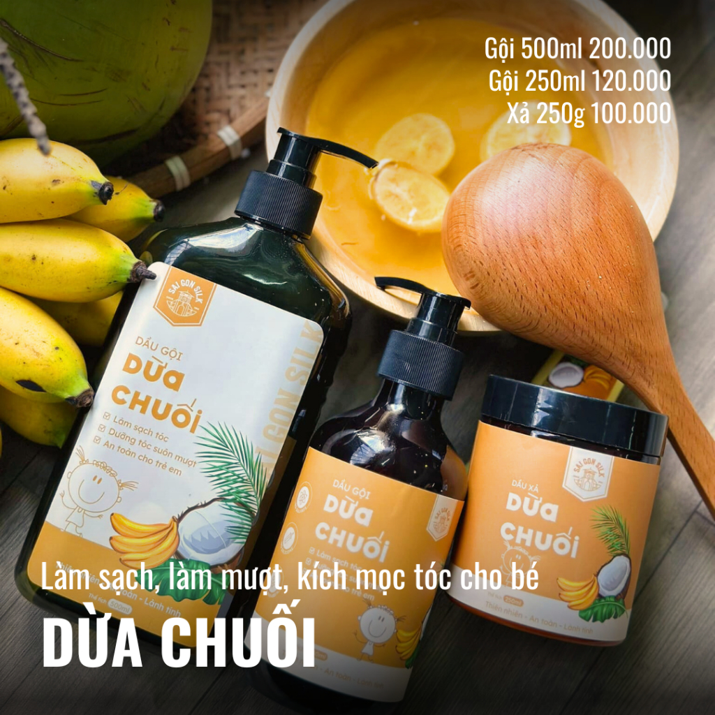 Dầu gội Dừa Chuối Saigon Silk chiết xuất từ nước dừa tươi, dịu nhẹ, an toàn cho bé 500ml