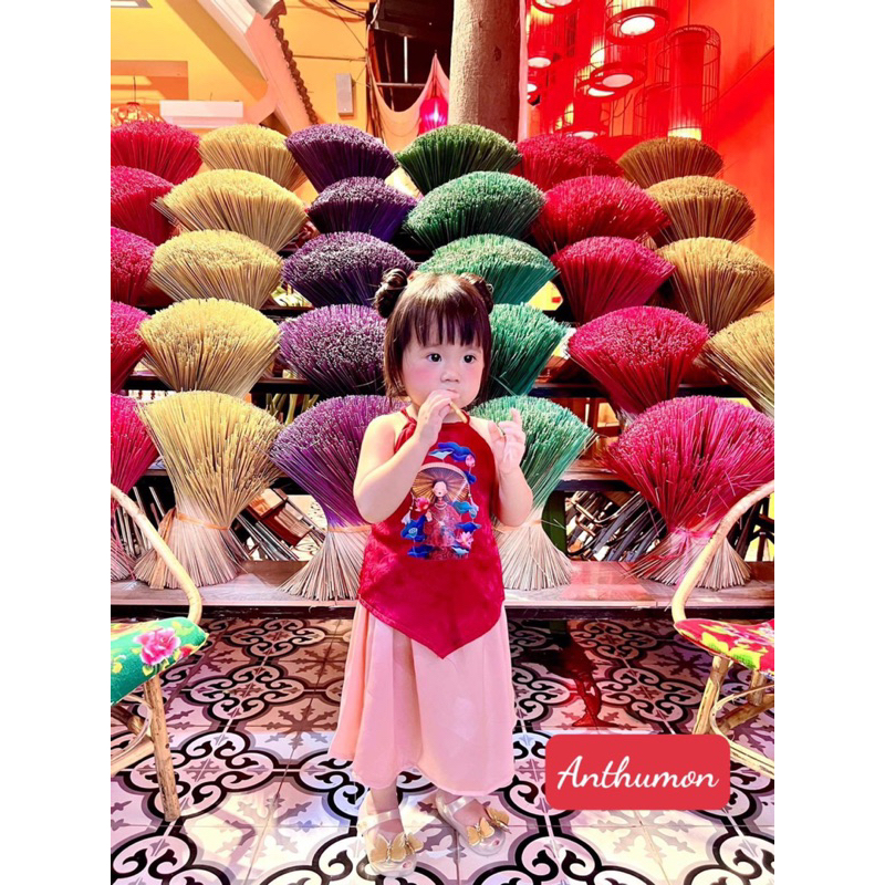 Set yếm chân váy kèm khăn đón Tết 3 màu cho bé gái