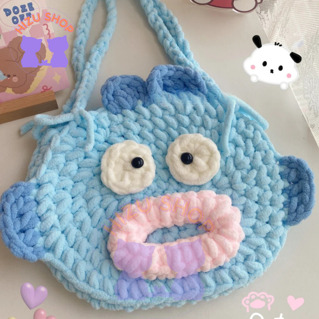 Túi Xách Nữ Đeo Vai Túi Len Nhung Cá SANRIO HANGYODON Đáng Yêu Handemade