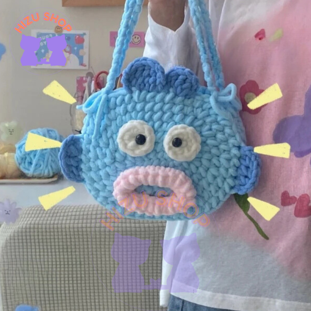 Túi Xách Nữ Đeo Vai Túi Len Nhung Cá SANRIO HANGYODON Đáng Yêu Handemade
