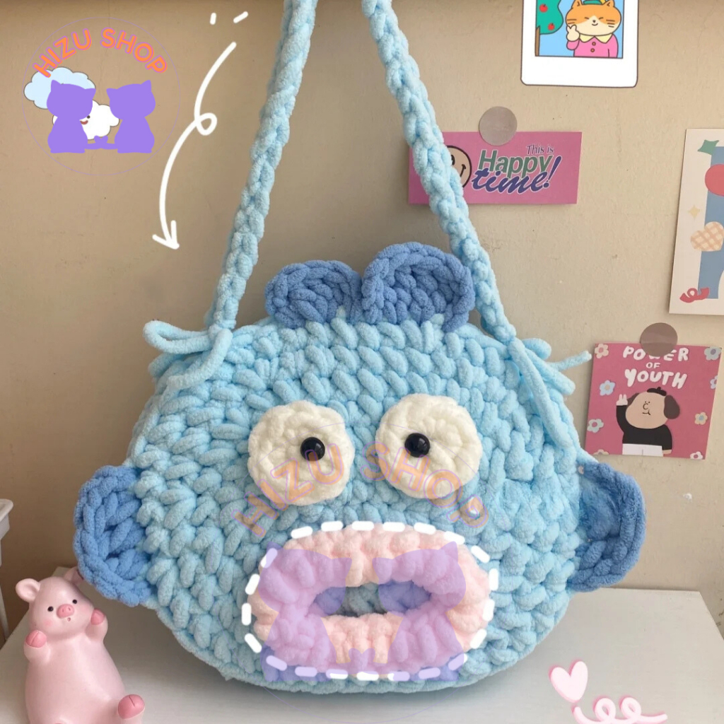 Túi Xách Nữ Đeo Vai Túi Len Nhung Cá SANRIO HANGYODON Đáng Yêu Handemade