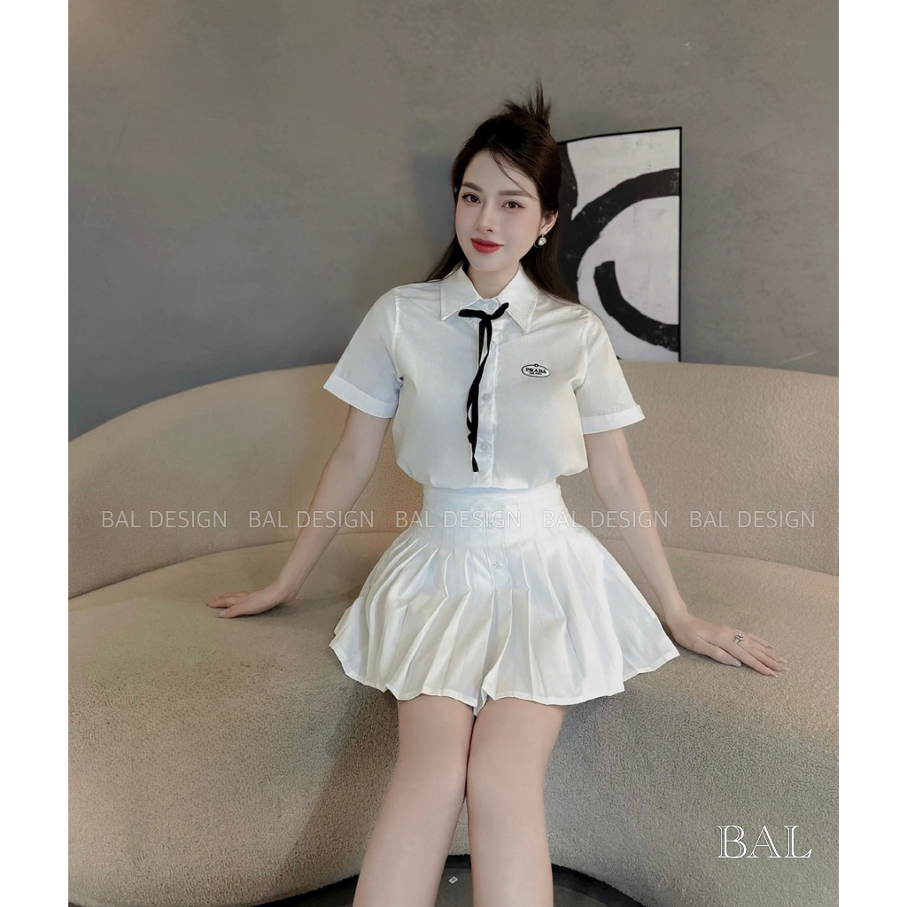 Set áo smi crop + chân váy xếp ly PRD