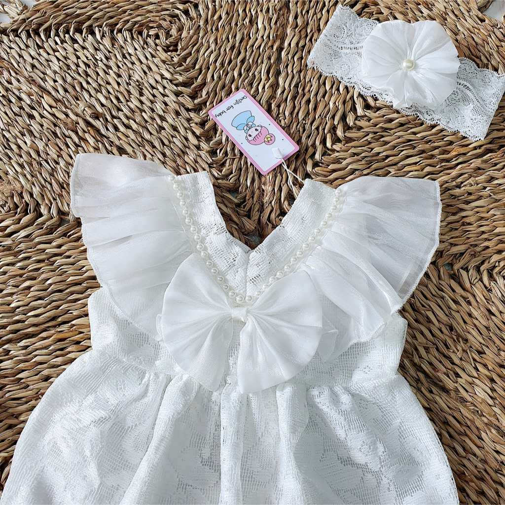 Bodysuit cánh tiên ren trắng kèm băng đô RIOKIDS cho bé gái sơ sinh mặc thôi nôi, đầy tháng BD68