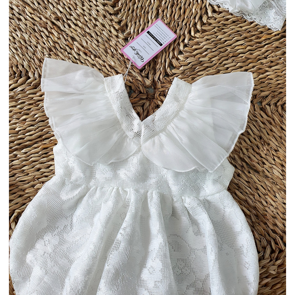 Bodysuit cánh tiên ren trắng kèm băng đô RIOKIDS cho bé gái sơ sinh mặc thôi nôi, đầy tháng BD68