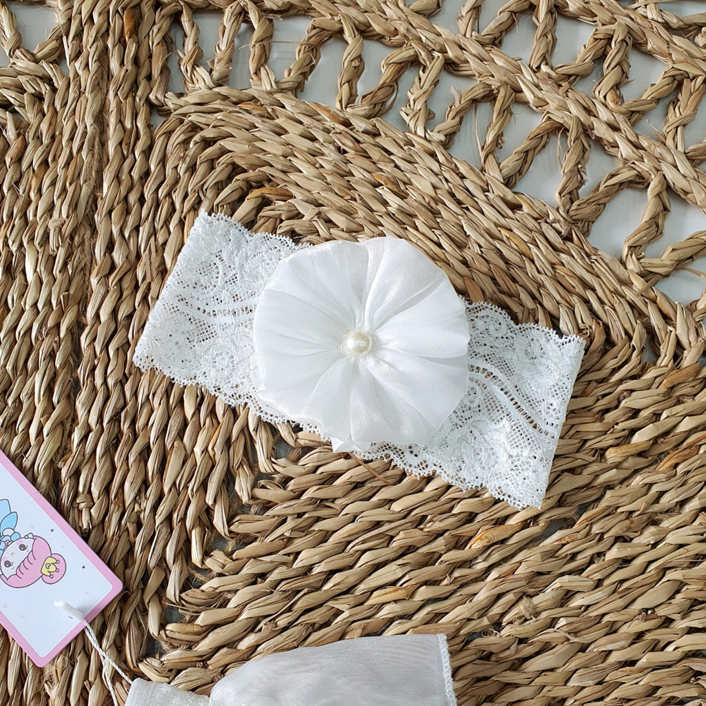 Bodysuit cánh tiên ren trắng kèm băng đô RIOKIDS cho bé gái sơ sinh mặc thôi nôi, đầy tháng BD68