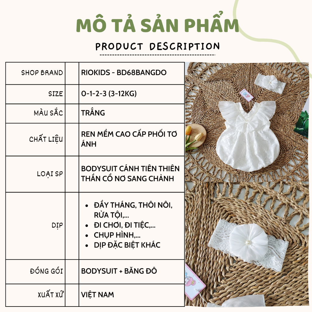 Bodysuit cánh tiên ren trắng kèm băng đô RIOKIDS cho bé gái sơ sinh mặc thôi nôi, đầy tháng BD68