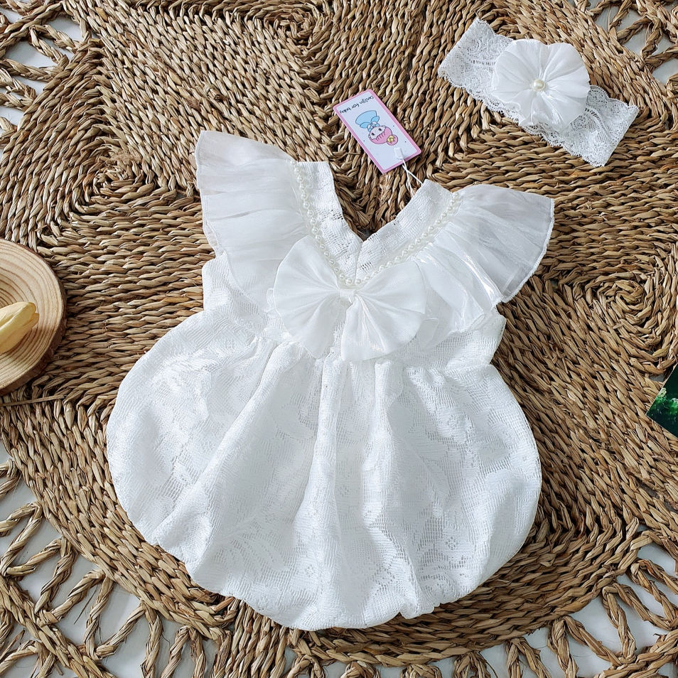 Bodysuit cánh tiên ren trắng kèm băng đô RIOKIDS cho bé gái sơ sinh mặc thôi nôi, đầy tháng BD68
