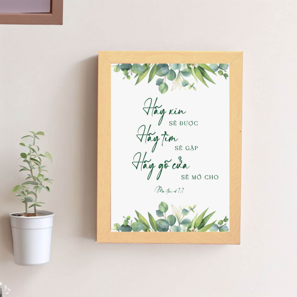 Tranh Câu Gốc Kinh Thánh Để Bàn A5 Họa Tiết Hoa Lá Khung Nhựa Giả Gỗ Phong Cách Bắc Âu
