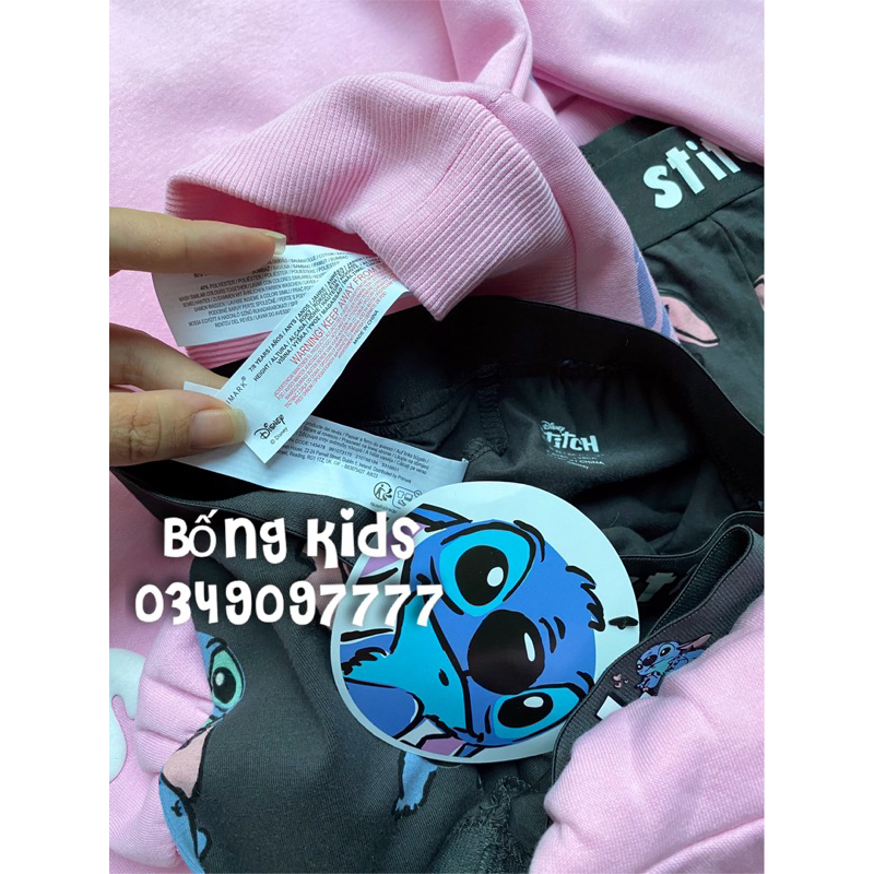 Bộ Nỉ Hoodie Bé Gái Stitch Hồng/Xám PR