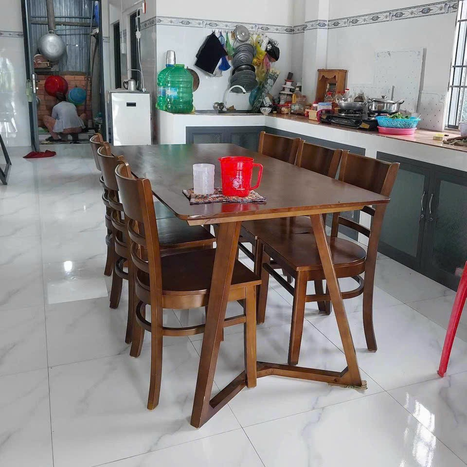 Bộ bàn ăn 6 ghế cabin mặt gỗ, bàn ăn cơm gia đình gỗ cao su tự nhiên màu nâu óc chó - bảo hành 1 năm - nội thất Ngọc Mai