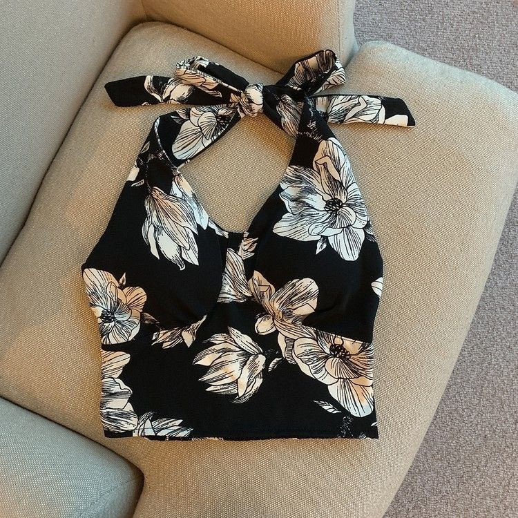 Áo nữ kiểu croptop cổ ống cột dây nhún sau lưng in hoa văn hoa lá trơn 2 màu cực sang ca