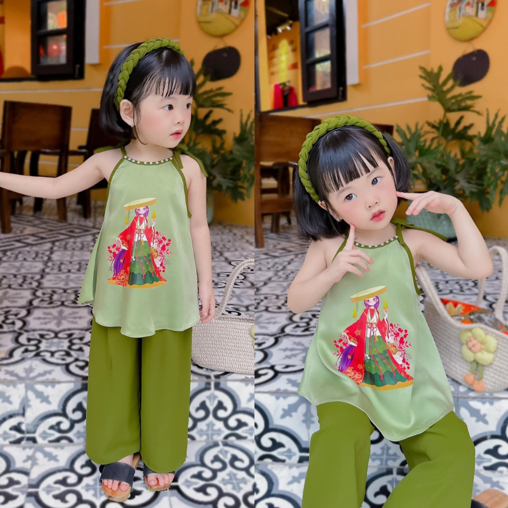 BG610- SÉT 3 CHI TIẾT ÁO YẾM QUẦN LỤA TRUNG THU CHO BÉ