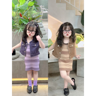  BG611- SÉT 2 CHI TIẾT VÁY TĂM KÈM ÁO BÒ GILE BÉ GÁI 